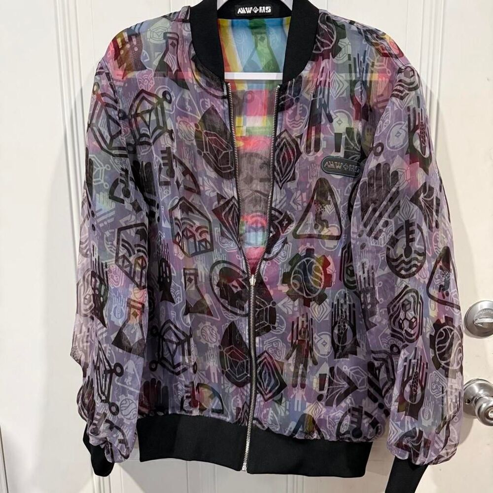 ALLWNS Reversible Sheer Mesh Bomber Jacket Graphic Symbol Grid Cyberpunk XL